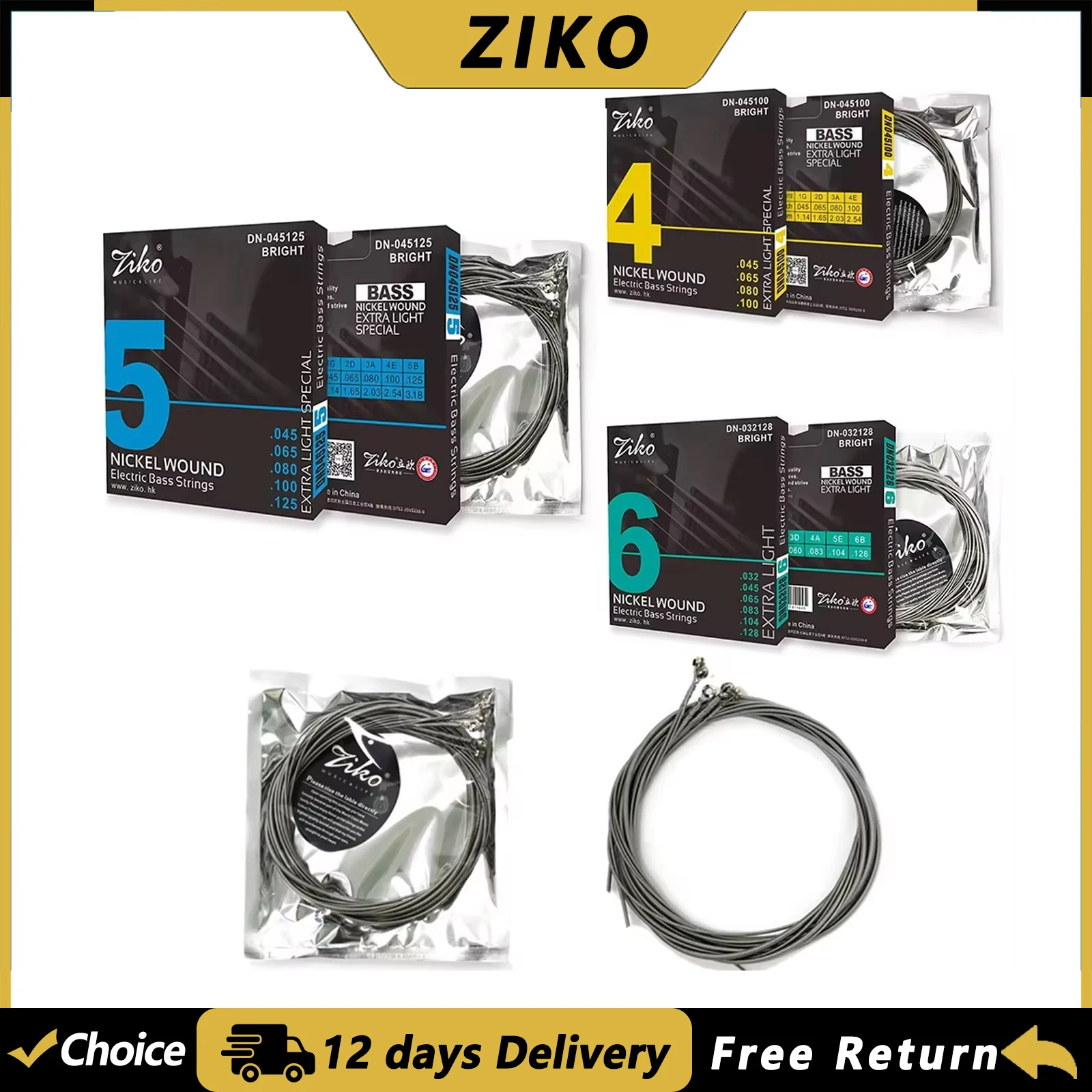 ZIKO 4/5/6-saitige E-Bass-Saiten, sechseckiger Stahlkern, Nickel umsponnen, Bass-Gitarrensaiten, Gitarrenteile und Zubehör