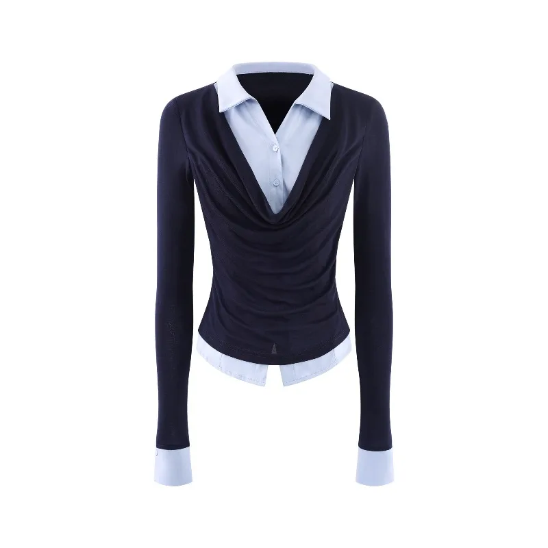 Women Layered Shirt Top Elegant Patchwork Blouse Slim Fit Long Sleeve Office Casual Chic Spring Summer Commuter Outfit Lady