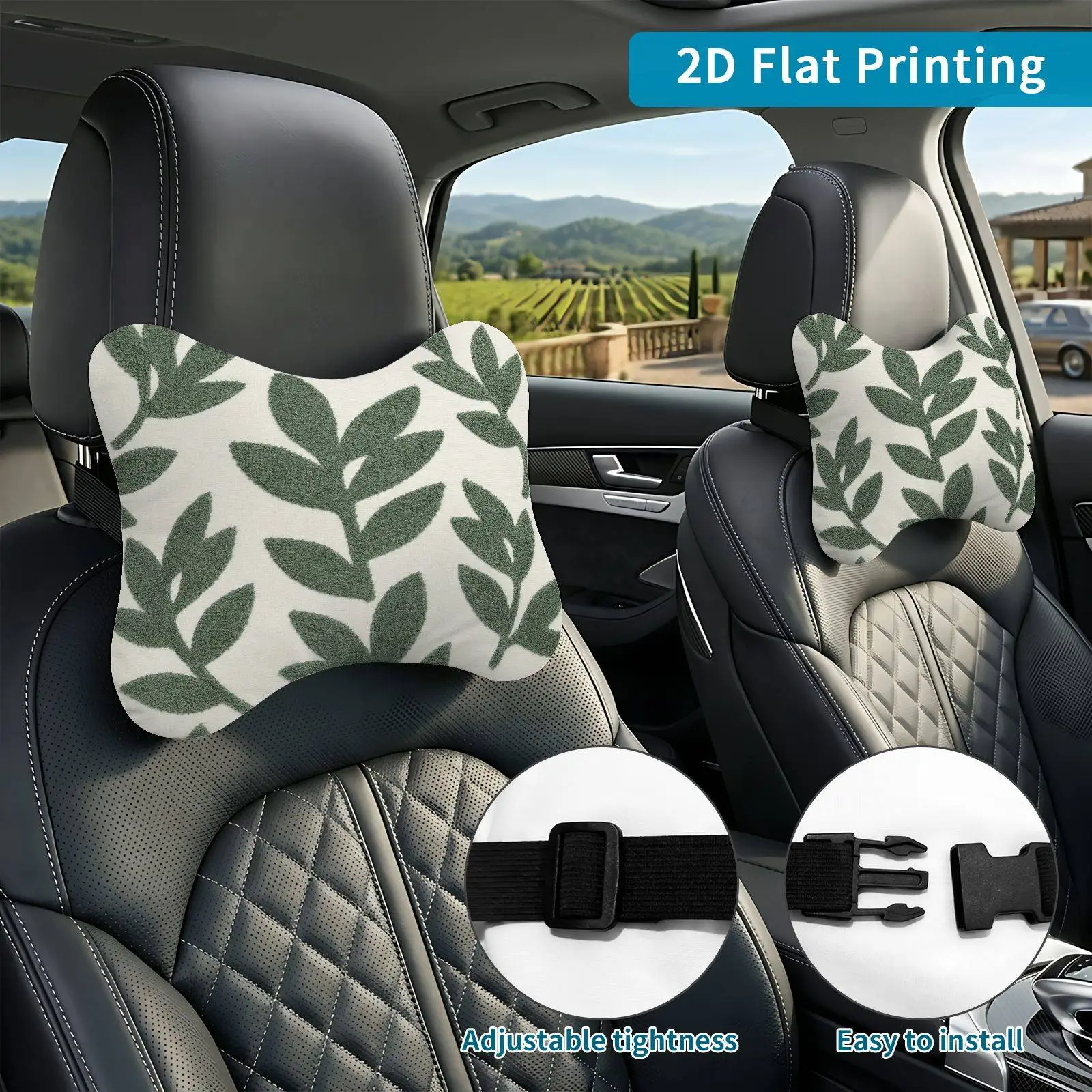 2pcs Leaf Pattern Greenery Car Seat Headrest, Neck Support Cushion, Suitable For All Seasons Of Car Additions, Botanical Theme,