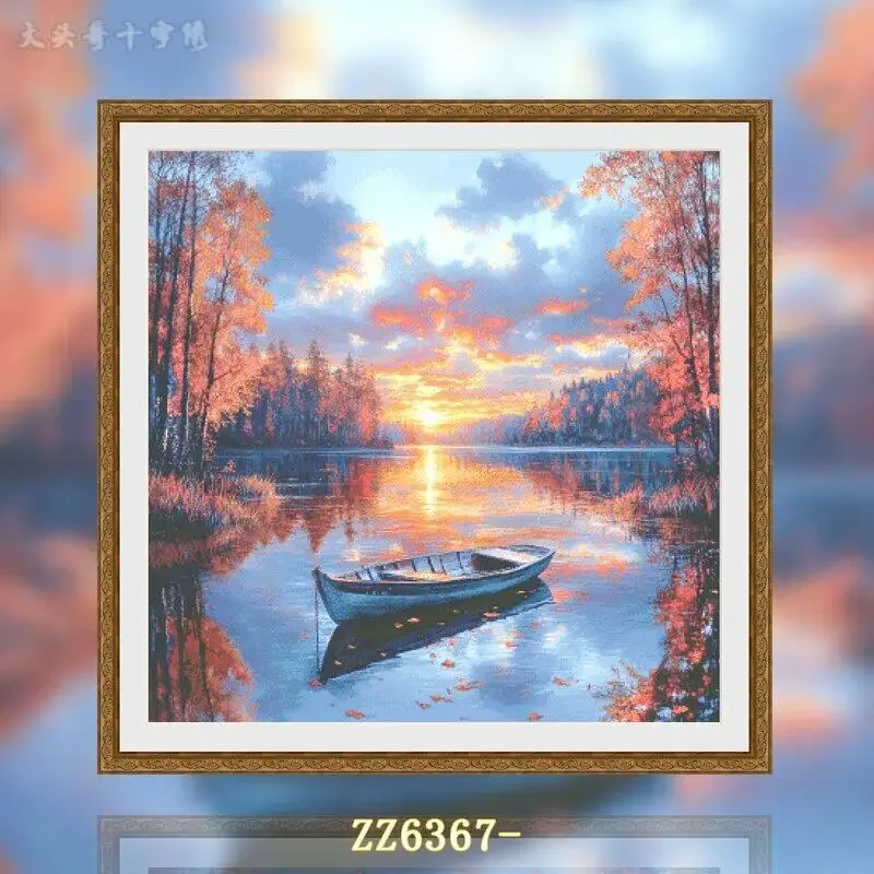 [ZZ6367-Sunset Drunk Lake] Stamped Cross Stitch Kit 14CT 16CT Pre Printed Canvas Cotton Threads Embroidery Needlework Wall Decor