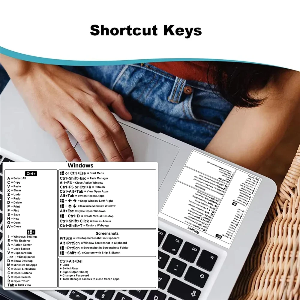 Laptop Shortcut Key Sticker for Windows Mac System Waterproof Vinyl Decal Keyboard Shortcut for Macbook Lenovo HP Acer Dell