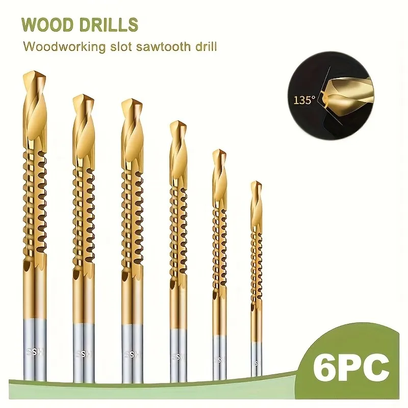 6-piece (3/4/5/6/6.5/8mm)4-blade twist drill set, multi-purpose metal structure, hexagonal handle and sharp edge, used for drilling and side cutting. Suitable for ceramic tile, cast iron, glass, marble, concrete, wood dry-type drilling tools.
