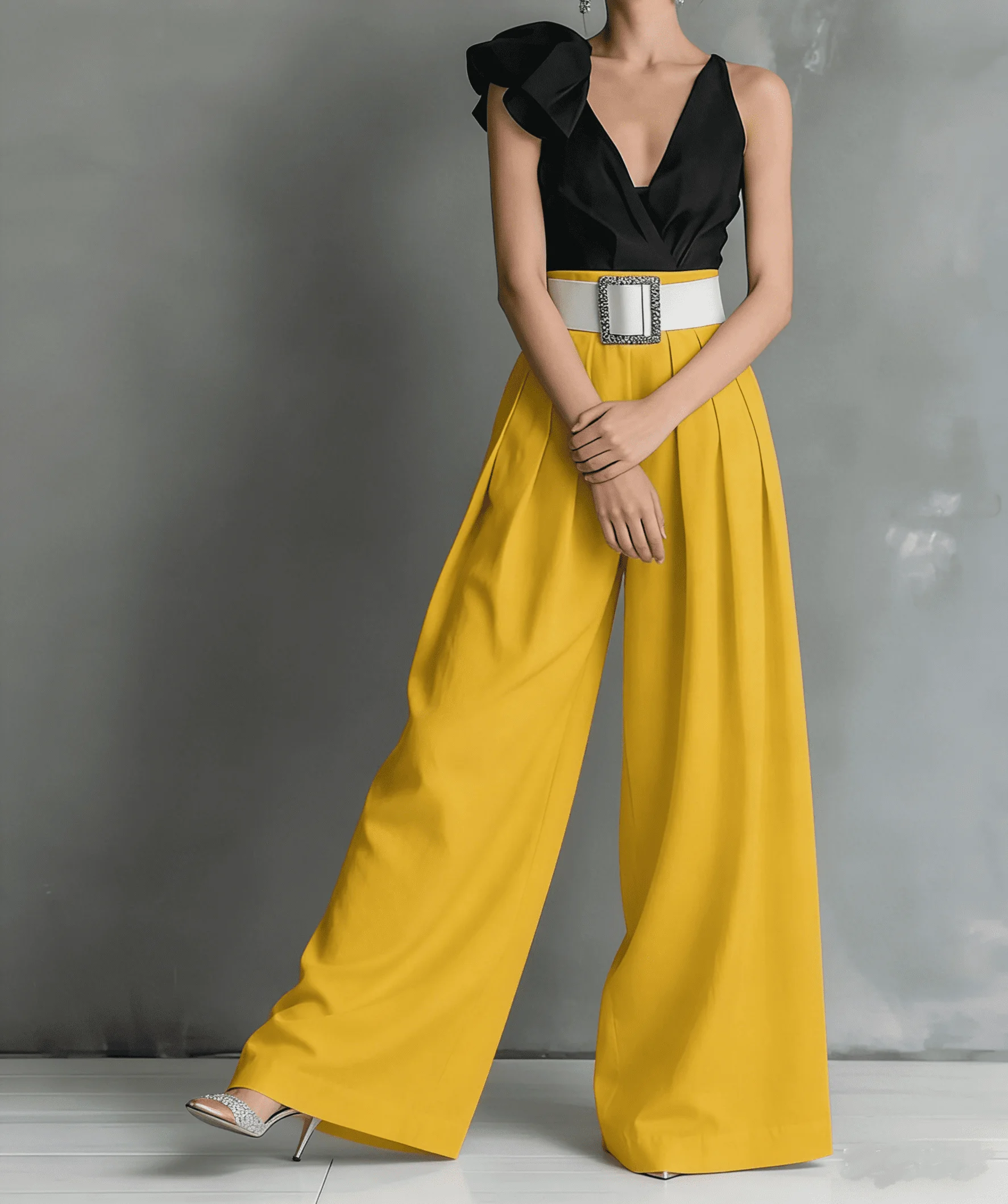 Damen High-Waist Weite Hosen mit Quadratischem Schnallenverschluss, Plissierte Lose Lange Hosen für Büro, Abend und Party – Detail 23