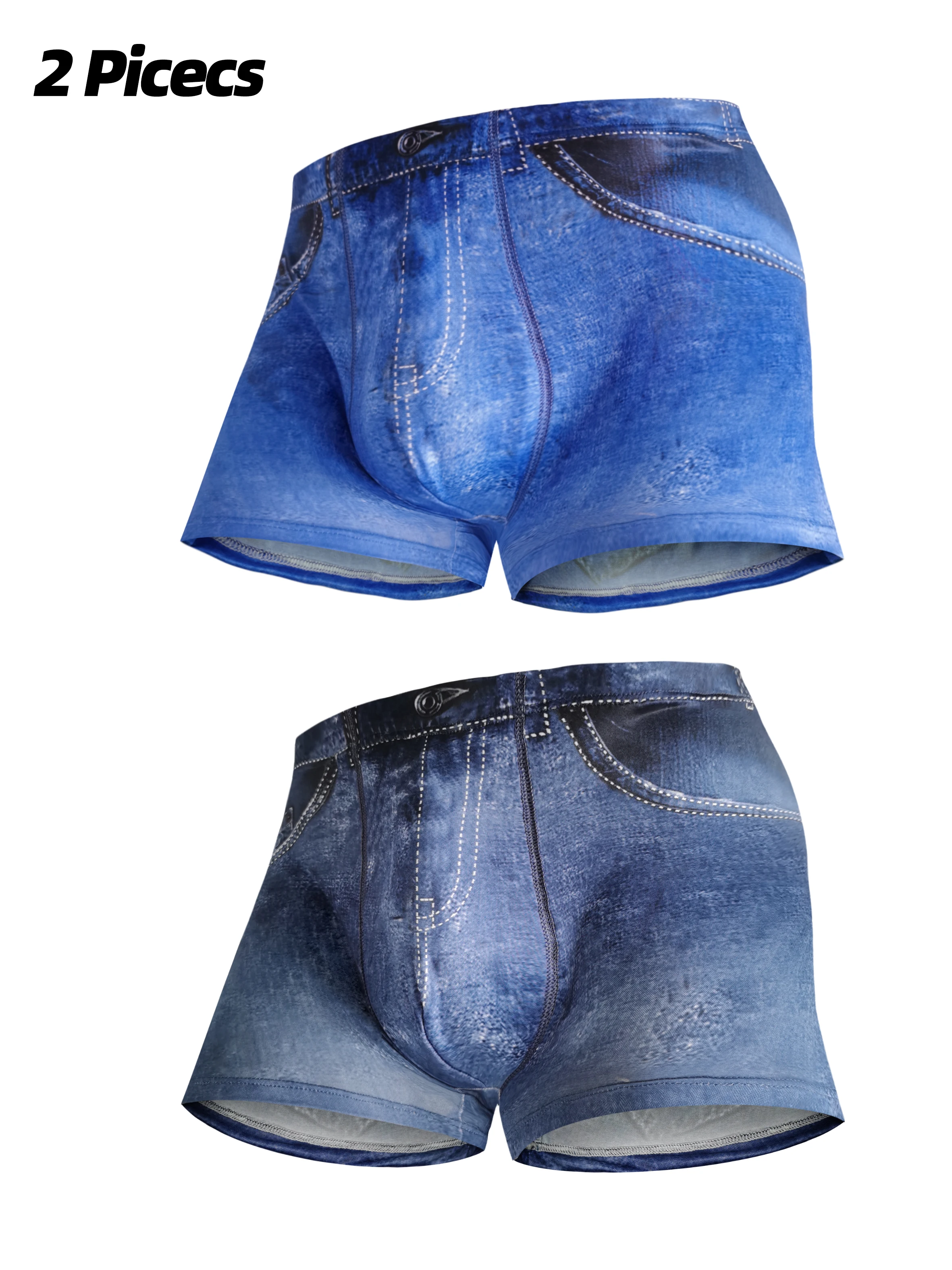 

2 Pack Men's Denim Print Boxers - Faux Pockets, Ice Silk, Seamless - Stretch & Breath - Daily/Active/Home