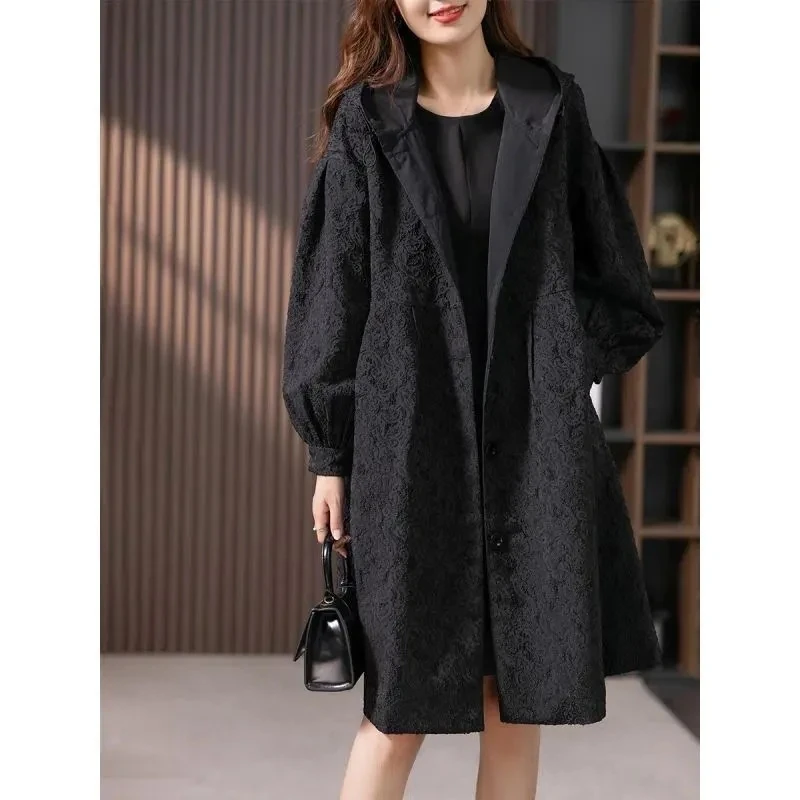 Jacquard Trench Coat Women's Long Coat 2024 Autumn Winter New Female Korean Casual Jacket Loose High-end Hooded Overcoat