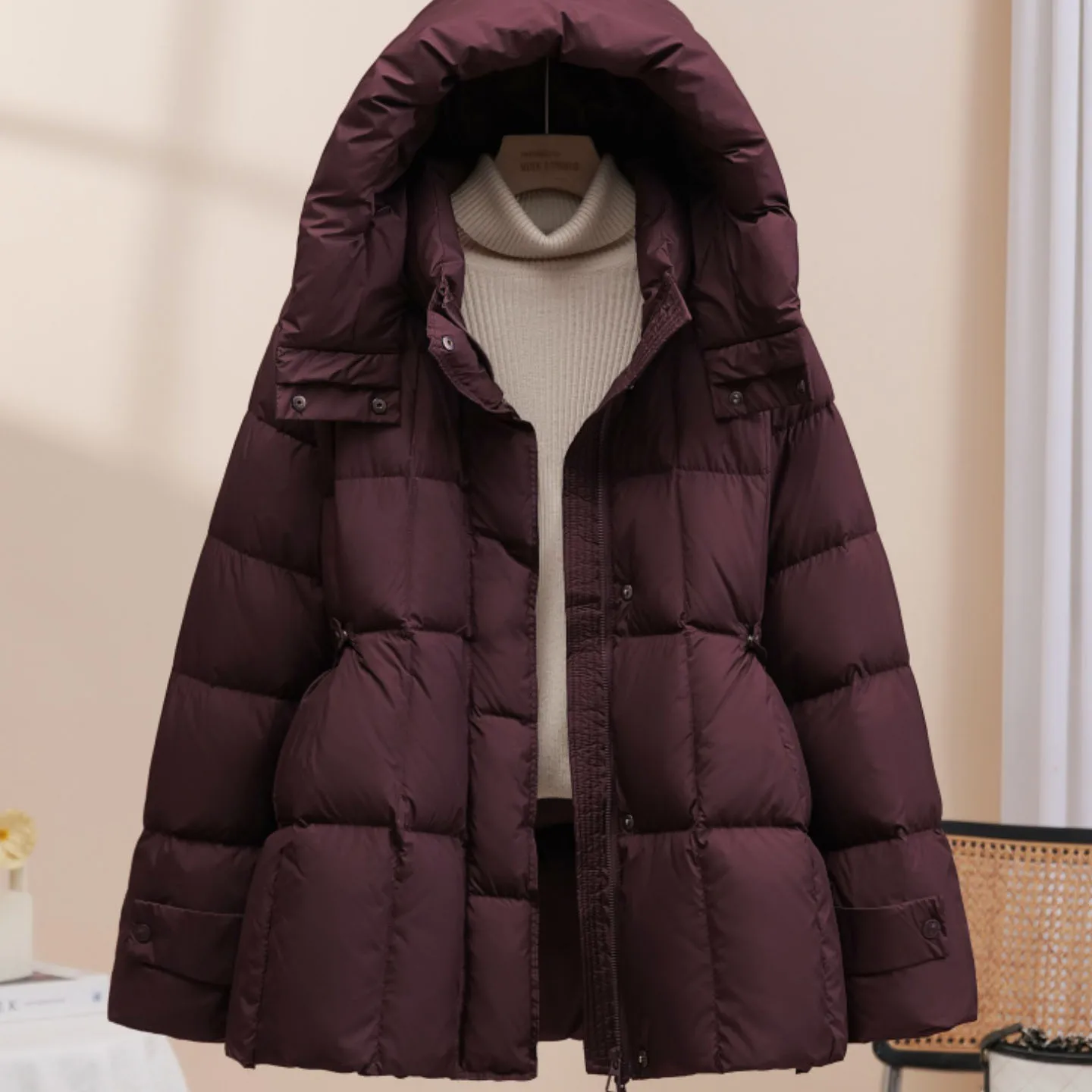 Dames A-lijn donsjack met capuchon Winter effen kleur gewatteerd trekkoord bladerdeegjas Koreaanse mode elegante vrouwelijke dikkere overjas