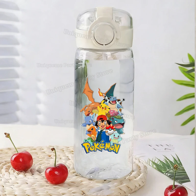 400ML Pokémon Kinder-Trinkflasche, Niedliche Pikachu Transparente Plastikflaschen, Cartoon-Sport-Trinkbecher mit Strohhalm für Jungen und Mädchen, Outdoor-Flaschen