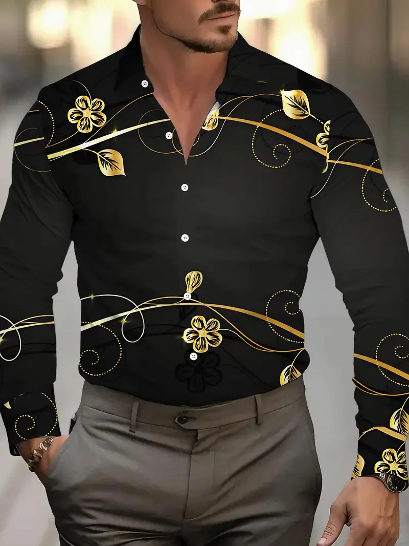 

Модная мужская черная рубашка с 3D принтом розы и длинным рукавом, классическая деловая рубашка с клапаном, топ