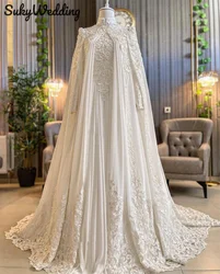 Chiffon Muslim Wedding Dresses with Cape Lace Appliques High Neck Arabic Dubai Long Sleeves Bridal Gowns Customized