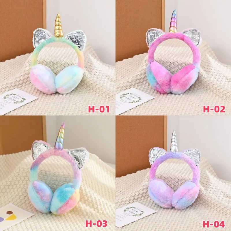 Children Kids Cute Unicorn Earmuffs Sequin Cat Ears Ear-Muffs Cover Winter Warm Fur Plush Headband Women Tie-dye Fluffy Earflap