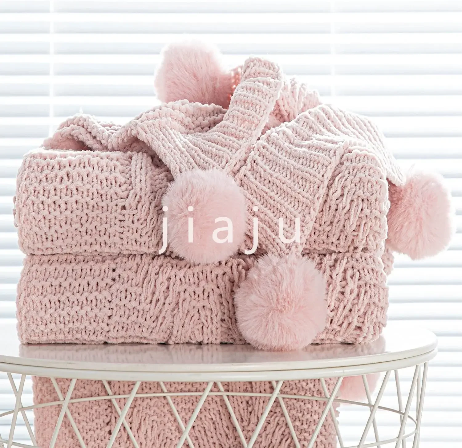 

Luxury Chunky Knit Blanket with pom poms- Thick, Soft,Cozy Throw Blankets for Couch, Bed, Sofa, Chair-130×170CM