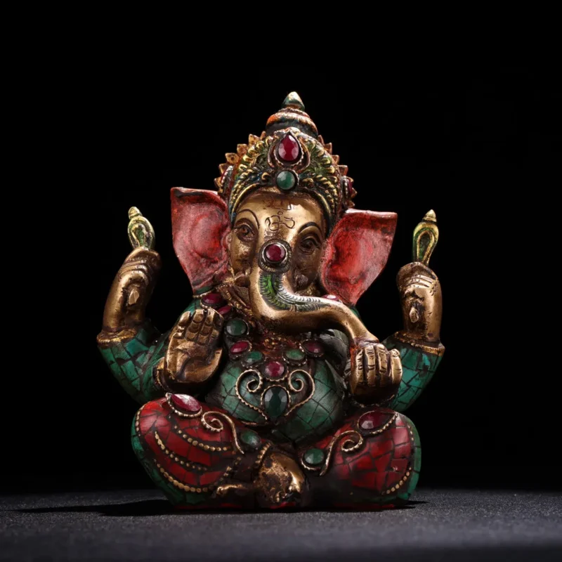 

Antique collection brass inlaid gem painted gold elephant trunk God of wealth home decoration