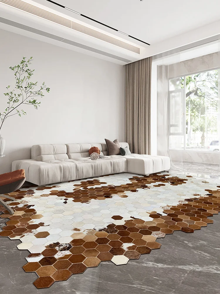 Handmade Real Cow Leather Stitching Carpet Living Room Genuine Cowhide Coffee Table Mat Study Cloakroom Bedroom Rugs Customize