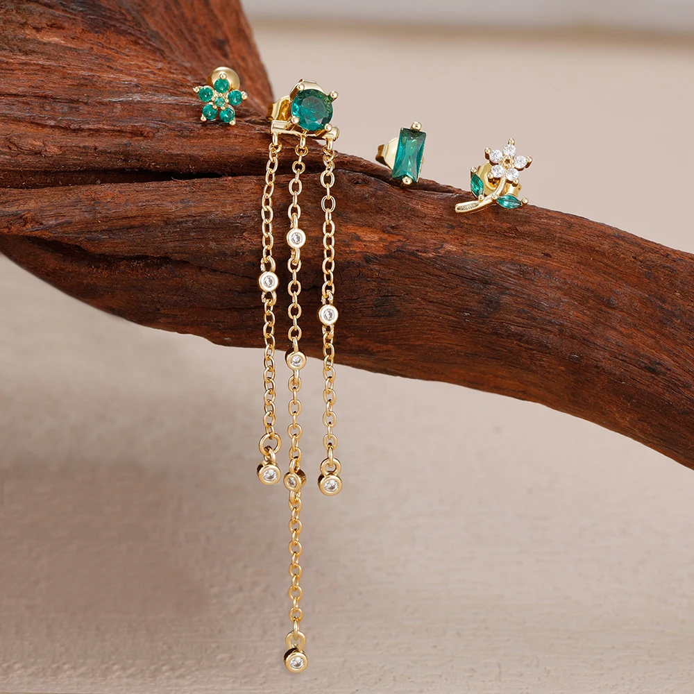 4PCS Green Zircon Tassel Chain Stainless Steel Ear Stud Earrings Set 18K Gold Plated Flower Piercing Earrings Fashion Jewelry