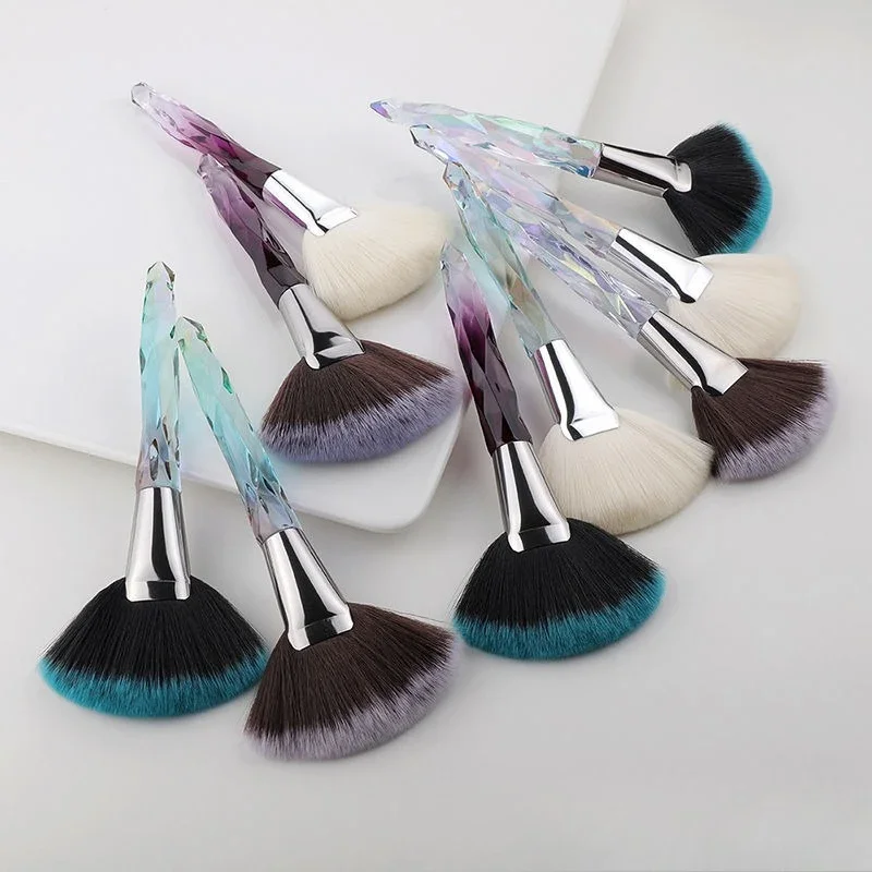 Fan Shape Makeup Brush with Nylon Bristles & Diamond Handle - Facial Tool for All Skin Types Dual-Use Nail Dust Cleaner