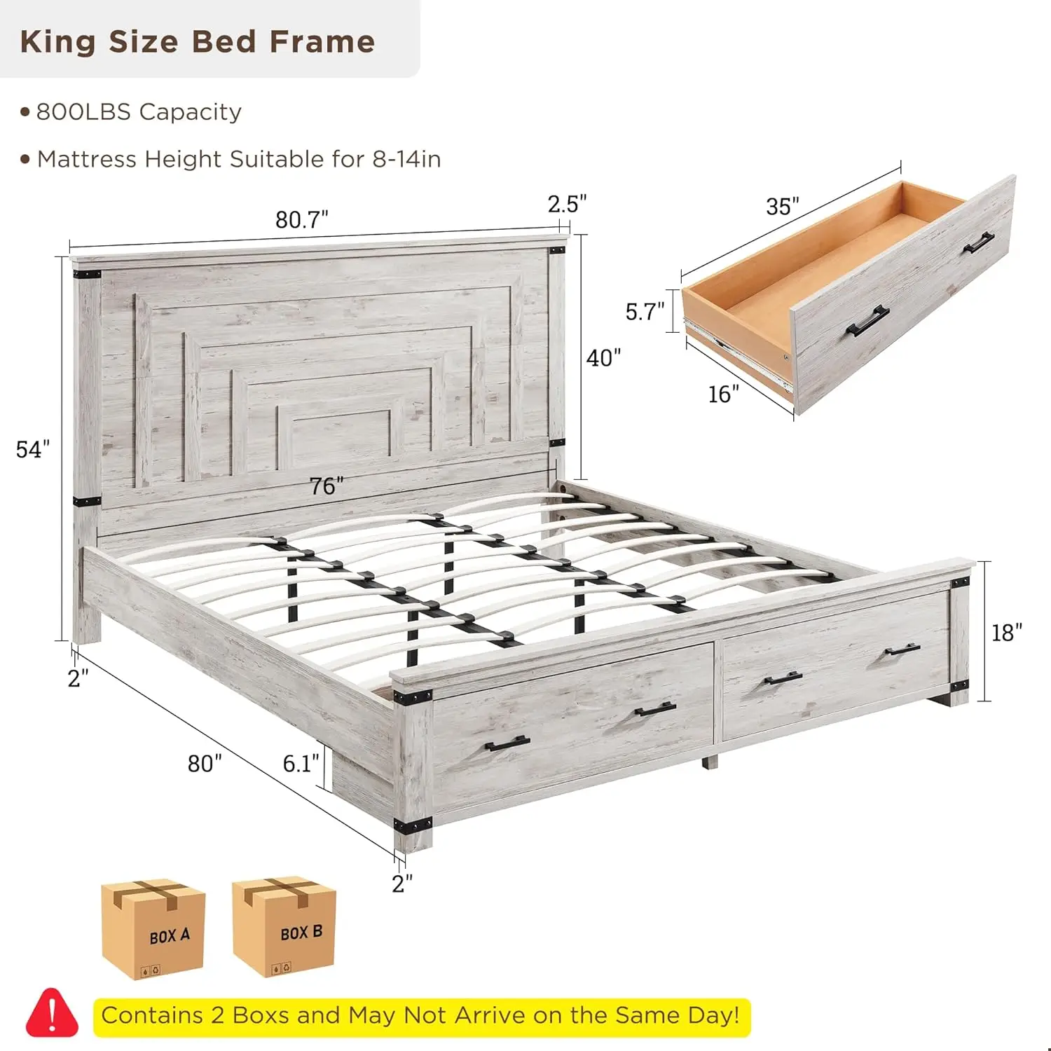 Farmhouse King Size Wood Bed Frame with 54