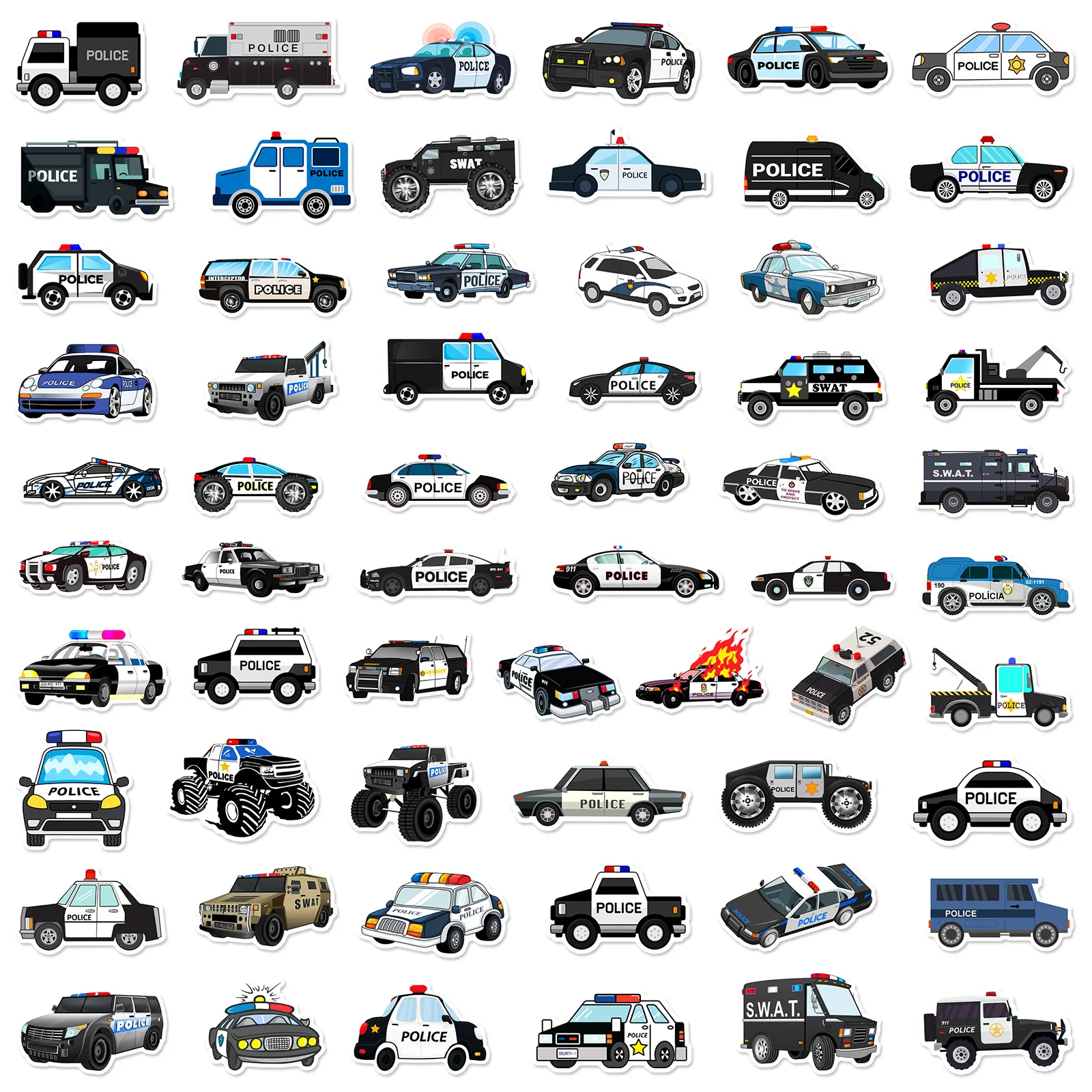 10/30/60pcs Cartoon Police Car Stickers for DIY Waterproof Decor Stationery Suitcase Water Bottle Phone Scrapbooking Kids Toy