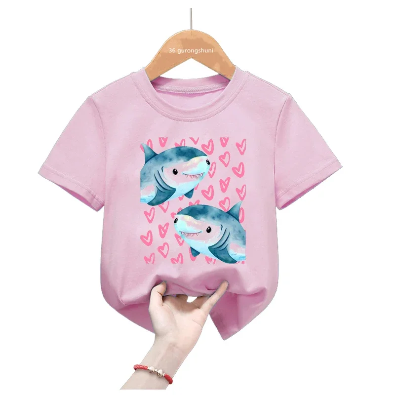 

Loves Sharks Graphic Print Pink T Shirt Girls Kawaii Kids Clothes Harajuku Shirt Whale Tshirt Casual T-Shirt