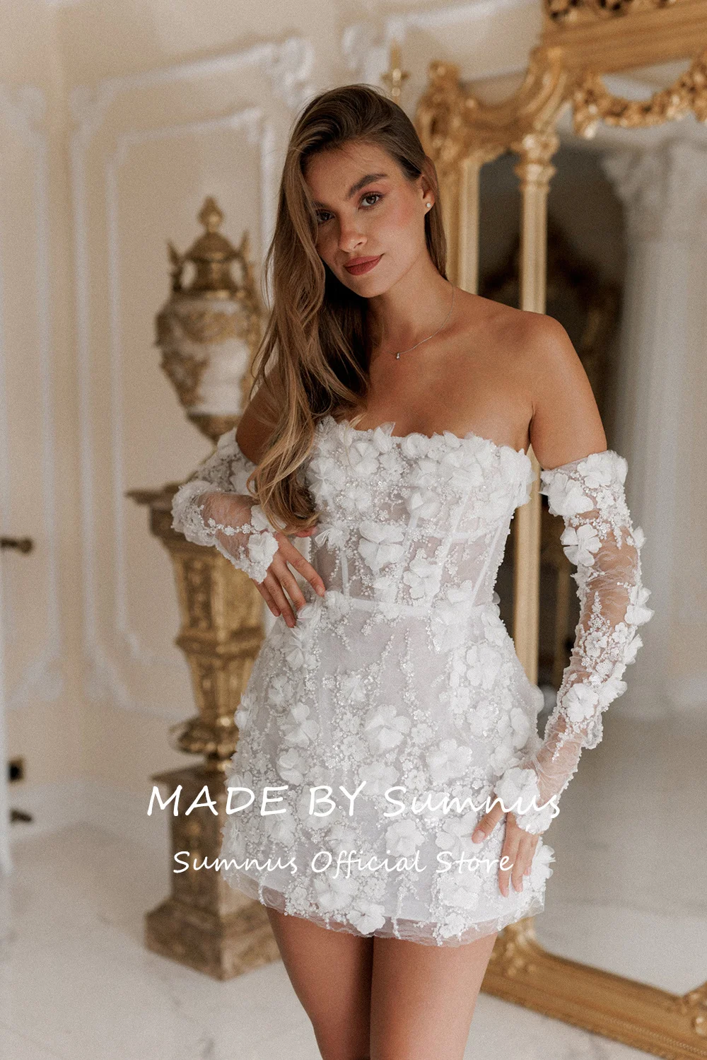 Sumnus Sexy Knee Mini Short Wedding Dress Lace 3D Flower Appliques Bridal Party Gown Strapless Long Sleeves A Line Prom Dresses