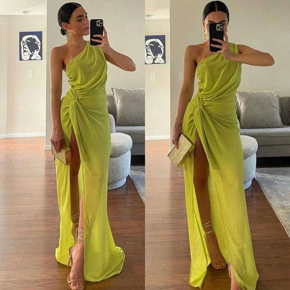 Customized Elegant Green Chiffon Evening Dress Formal One Shoulder Sleeveless Cocktail Dress Soft Straight Ruched Party Dresses