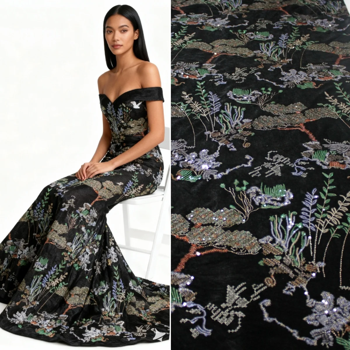 

10 метров, высококачественная бархатная ткань с вышивкой блестками и высокой драпировкой, праздничная одежда, ткань для танцевальной одежды, ткань для юбки qipao