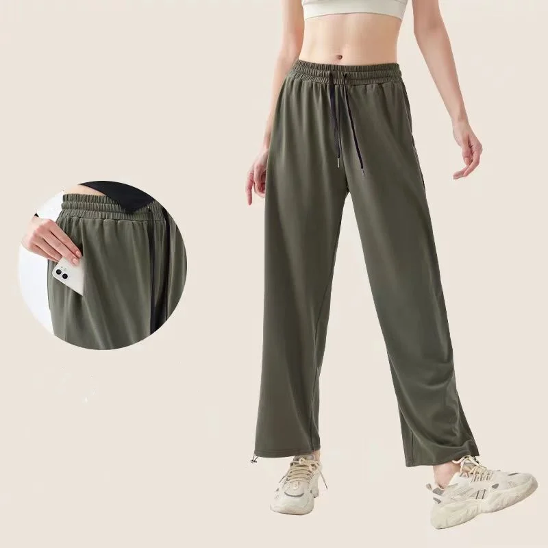 Yoga trousers with brand logo women's straight pants drawstring waist pencil slacks women multi-wear & pocket pants cuffed pants