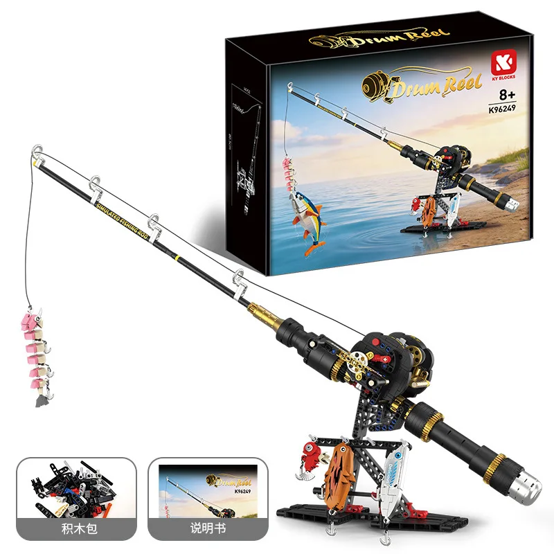 New Gothic Rose Baiteastered Simulated Gear Reel Fishing Rod Building Block Model Creative Fishing Game Toy Fans Halloween Gift