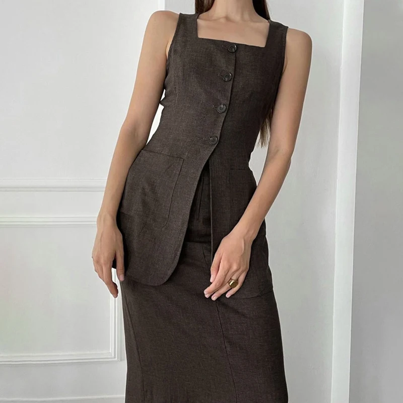 New European Fashion Two Piece Skirt Set Sleeveless Vest Work Office Lady Tank Top Half Skirt Set Summer Two Piece Set