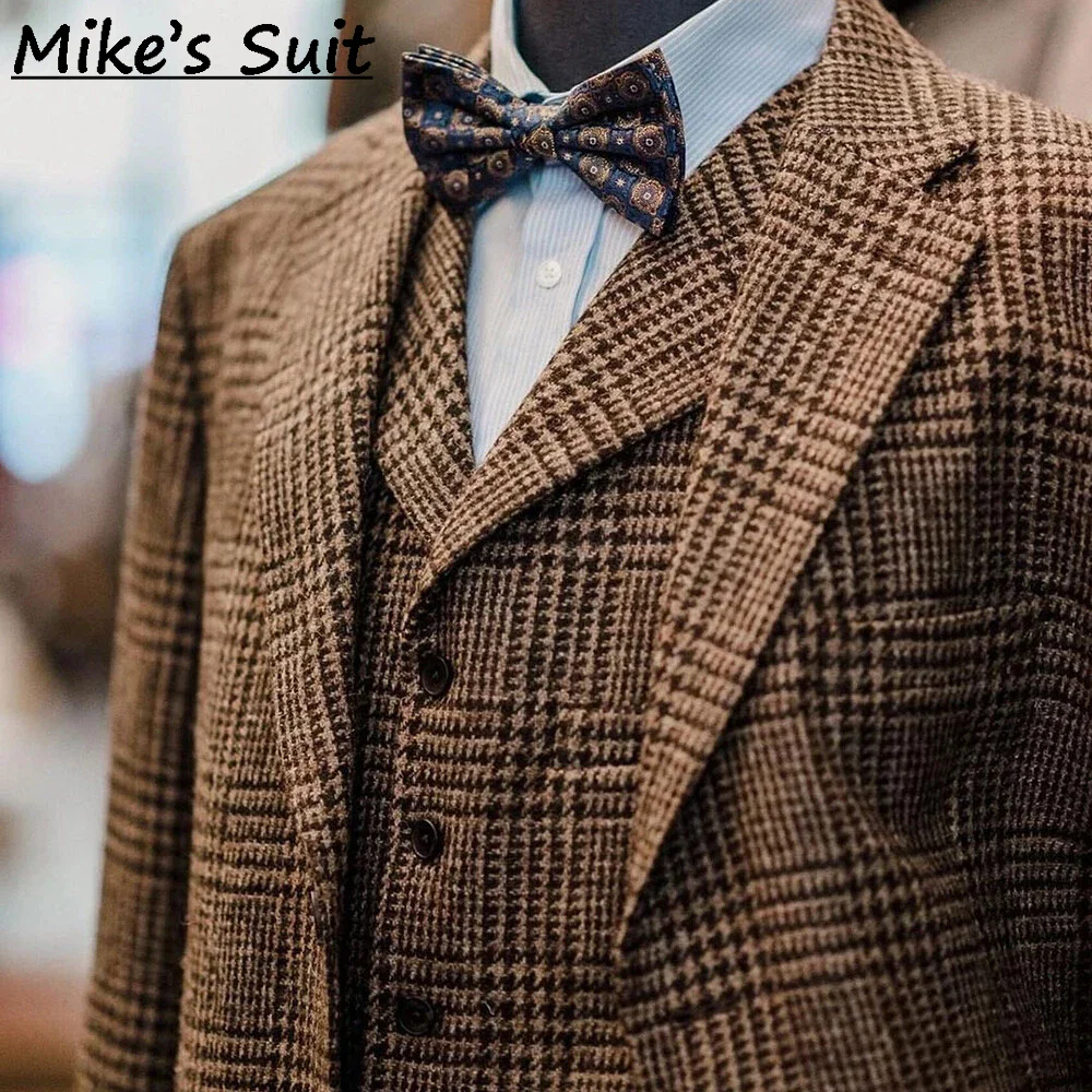 Men 3 Piece Glen Check Tweed Suit Vintage Prince of Wales Plaid Wool Suit Blazer Waistcoat Trousers Wedding Formal Suit