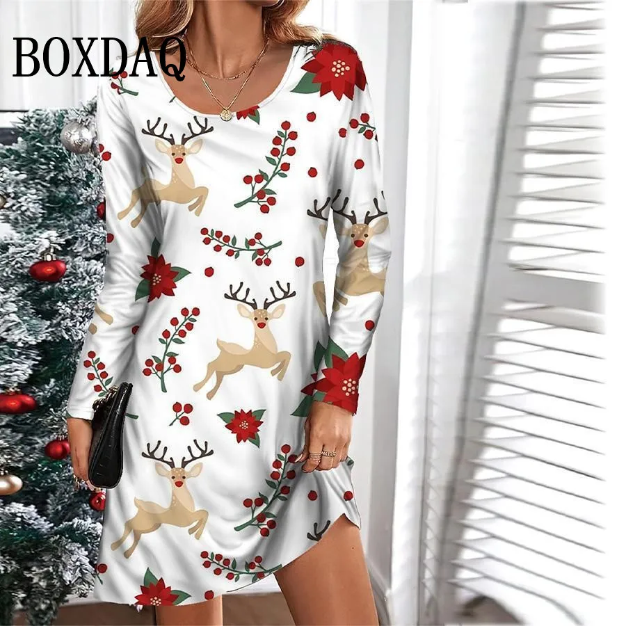 

Милые рождественские платья с принтом лося для женщин, зимняя мода 2025, платье с длинными рукавами, большие размеры, повседневная свободная одежда трапециевидной формы, Vestidos