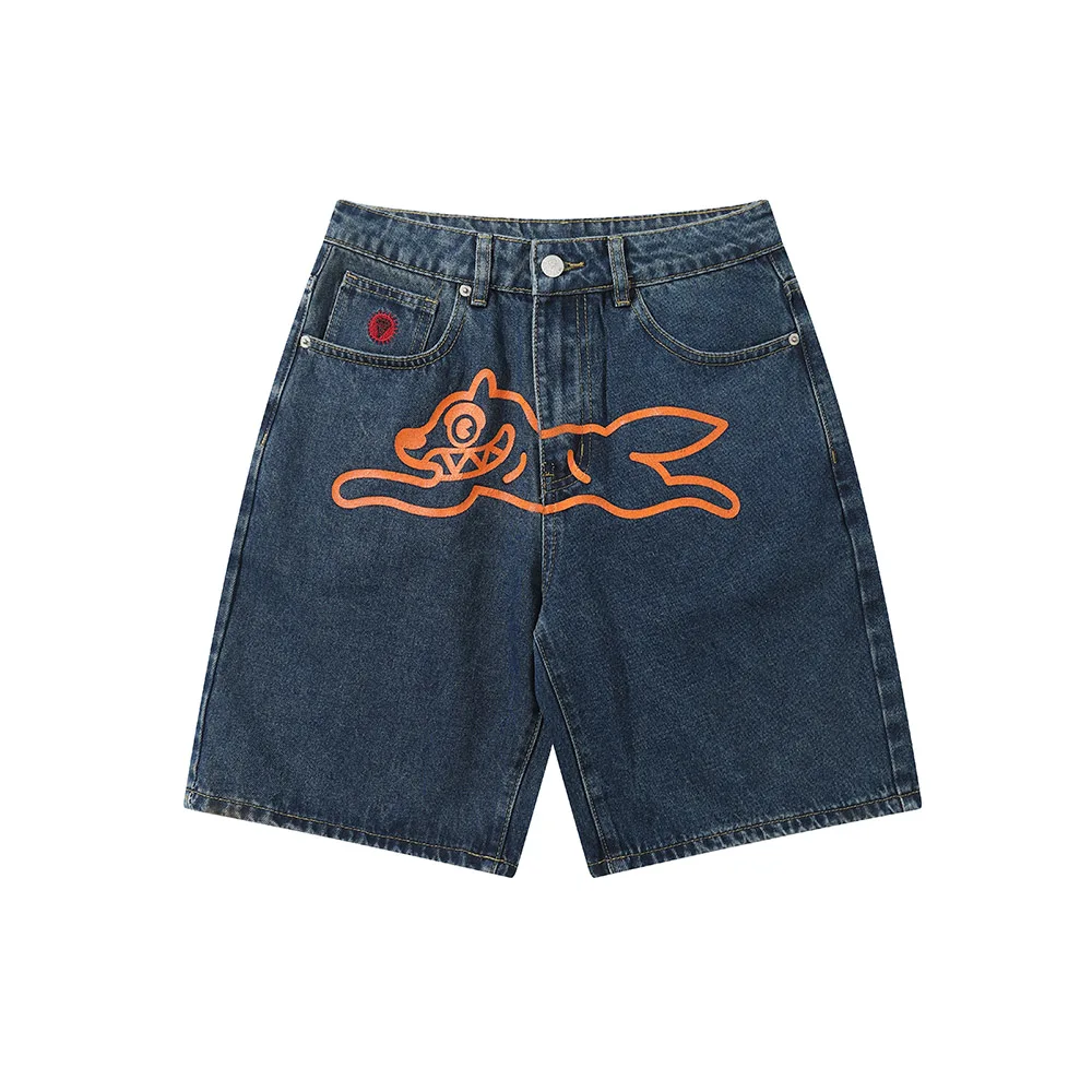 

Cartoon Dog Letter Embroidery Washed Baggy Summer Jeans Shorts for Men and Women Vintage Streewear Casual Knee Length Pants