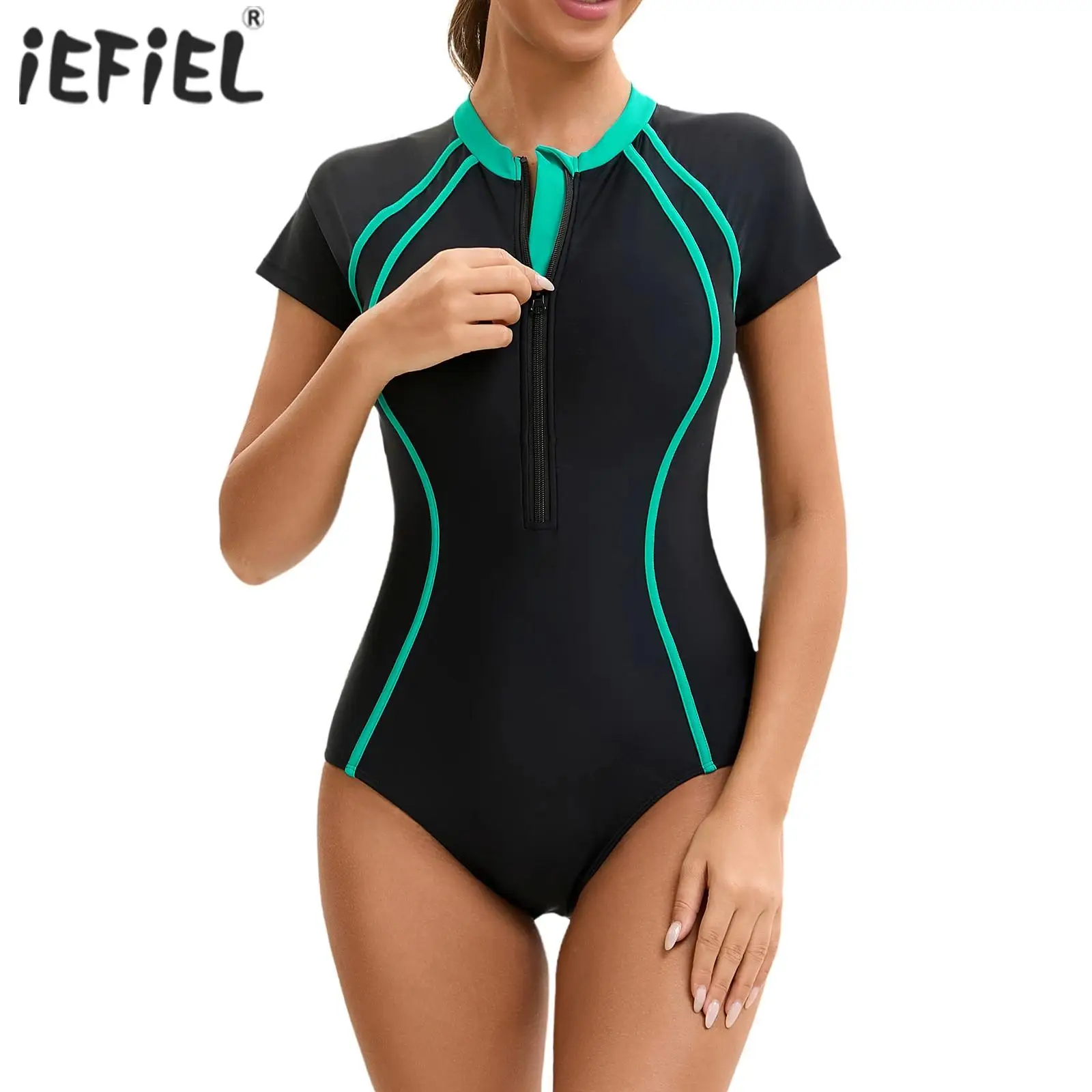 

Womens One Piece Athletic Swimsuit Short Sleeves Chest Pads Shorty Swim Bodysuit Color Contrast Swimwear Surfing Bathing Suit