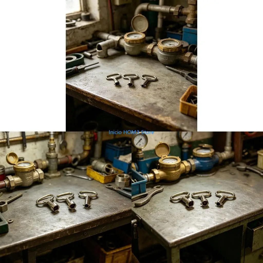 A5YD Portable Water Meter Set, 3Piece Valves and Meter Wrench with Handle for Triangle Square Double-Lugs Keyway in Repair Tool