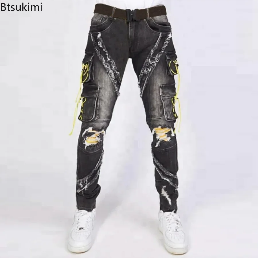 

2025 Men Slim Vintage Hole Jeans New Denim Fashion Multi-pocket Trend Cargo Trousers Youth Straight Leg Casual Street Long Jenas