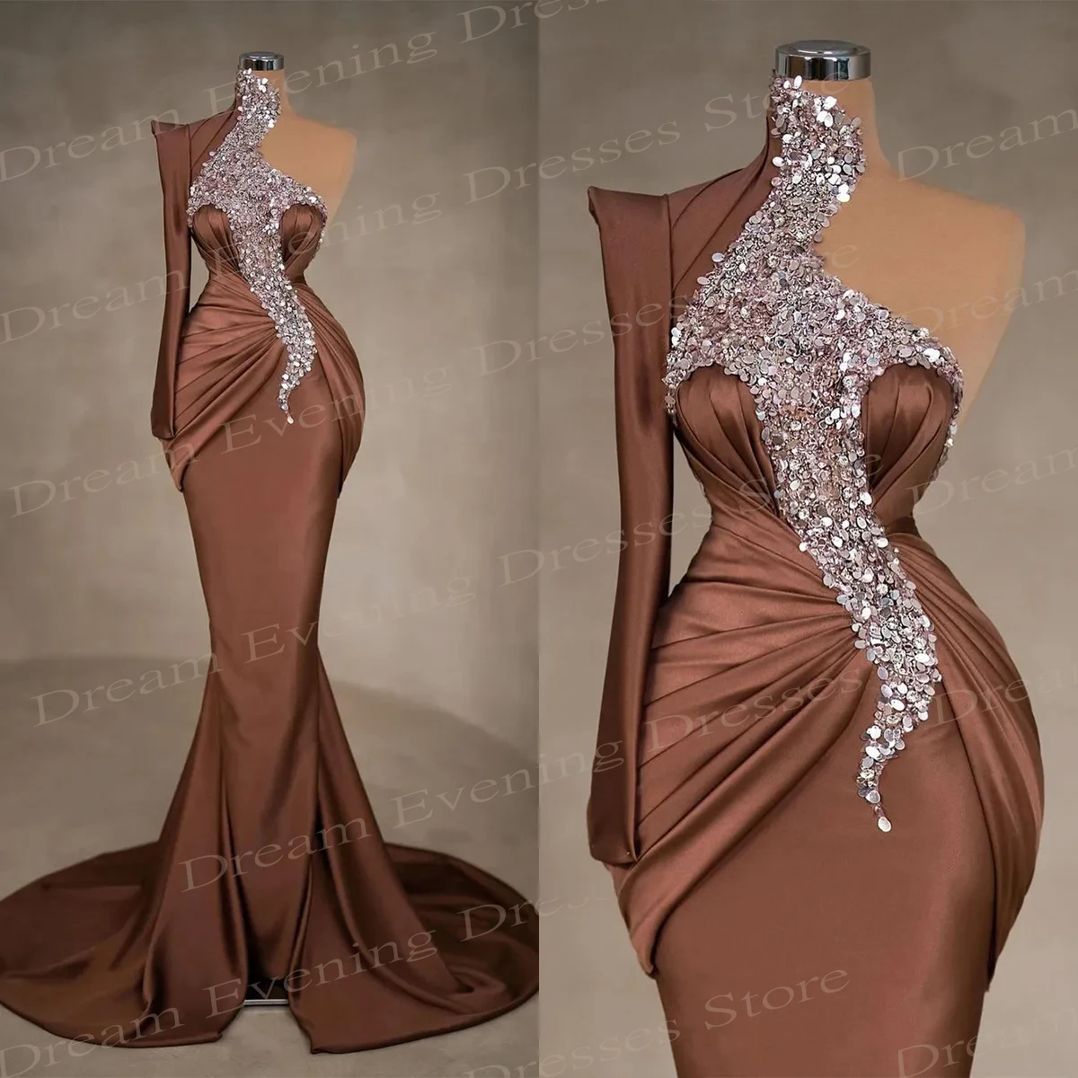 Beautiful High Neck Mermaid Modern Evening Dresses One-Shoulder Long Sleeve Satin Prom Gowns Robe De Soirée Luxe Elégante 2024