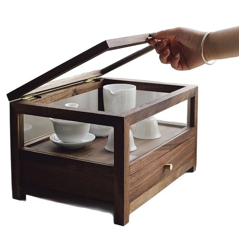 

Walnut solid wood with lid New Chinese transparent glass dust-proof jewelry storage display cabinet