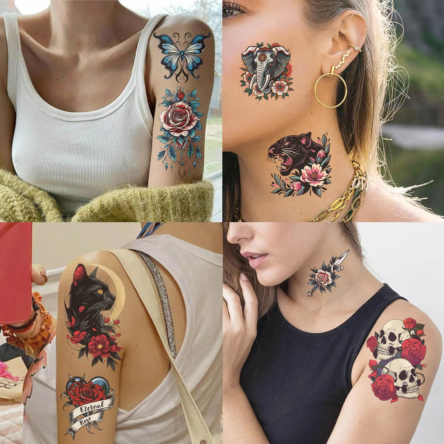 

10 Sheets Plant Animal Tattoo Stickers Flower Wolf Snake Cat Skull Pattern Waterproof Temporary Tattoo Stickers