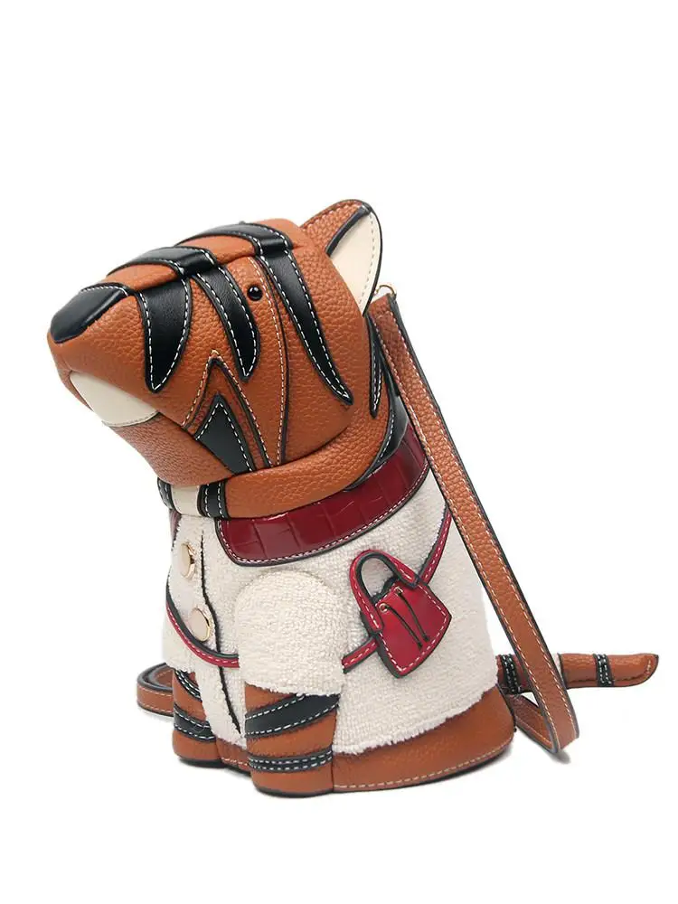 High Quality Top Layer Cowhide Splicing Color Blocking Cartoon Tiger Design Personalized Single Shoulder Diagonal Cross Bag Tide