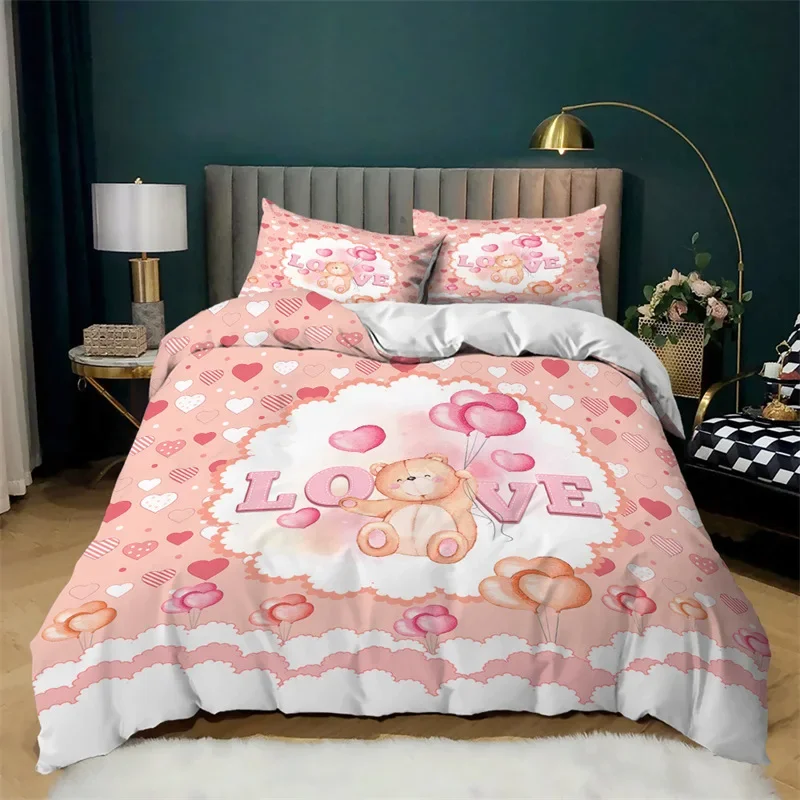 3D Romantic Love Heart Duvet Cover Microfiber Quilt Cover Cartoon Bear Bedding Set King For Kids Girls Teen Valentine Room Decor