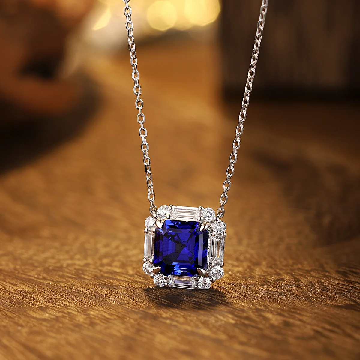 S925 Silver Lab-Grown Royal Blue Sapphire Necklace, Cultured Gemstone Jewelry, Elegant Blue Gift