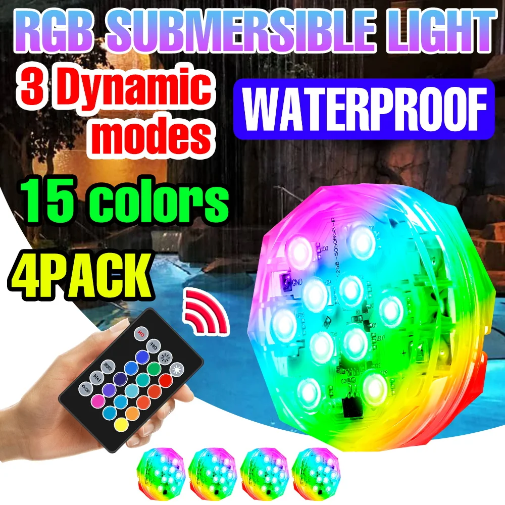 

4 шт. RGB подводные светодиодные светильники, водонепроницаемые, 15 цветов, для фонтанов, бассейнов, аквариумов, карнавалов, вечеринок, ночной подсветки