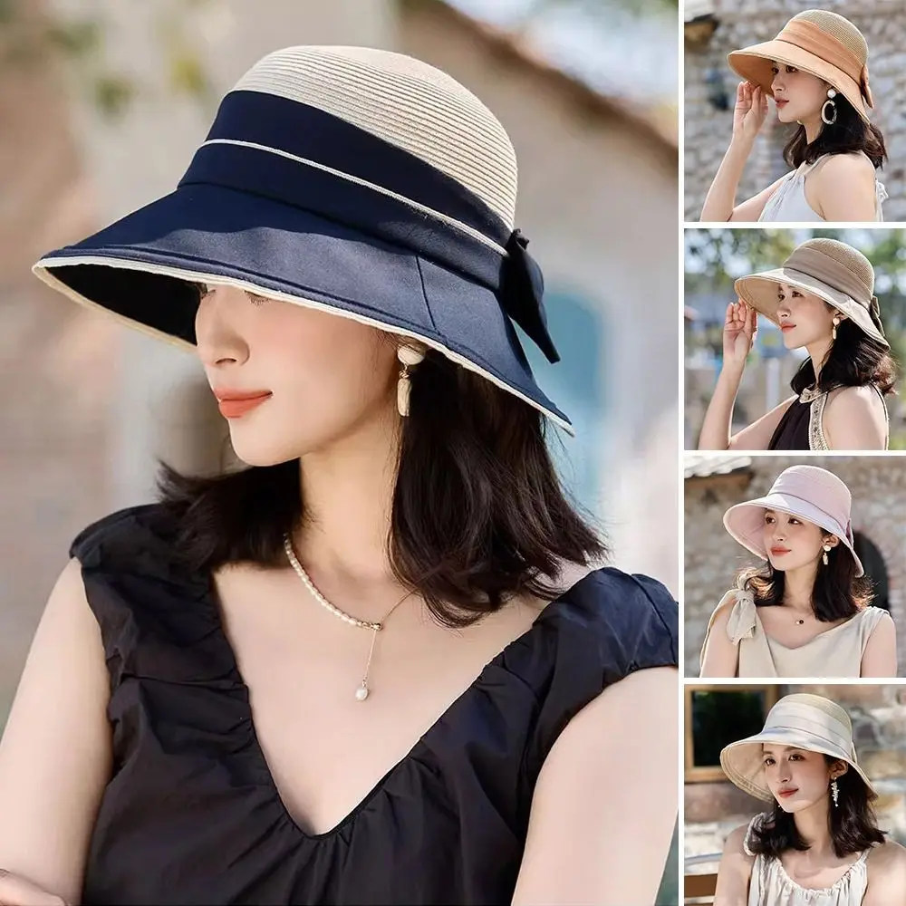 

Summer Straw Bucket Hat Bowknot UV Protection Sun Cap Breathable Foldable Sunshade Hat Women