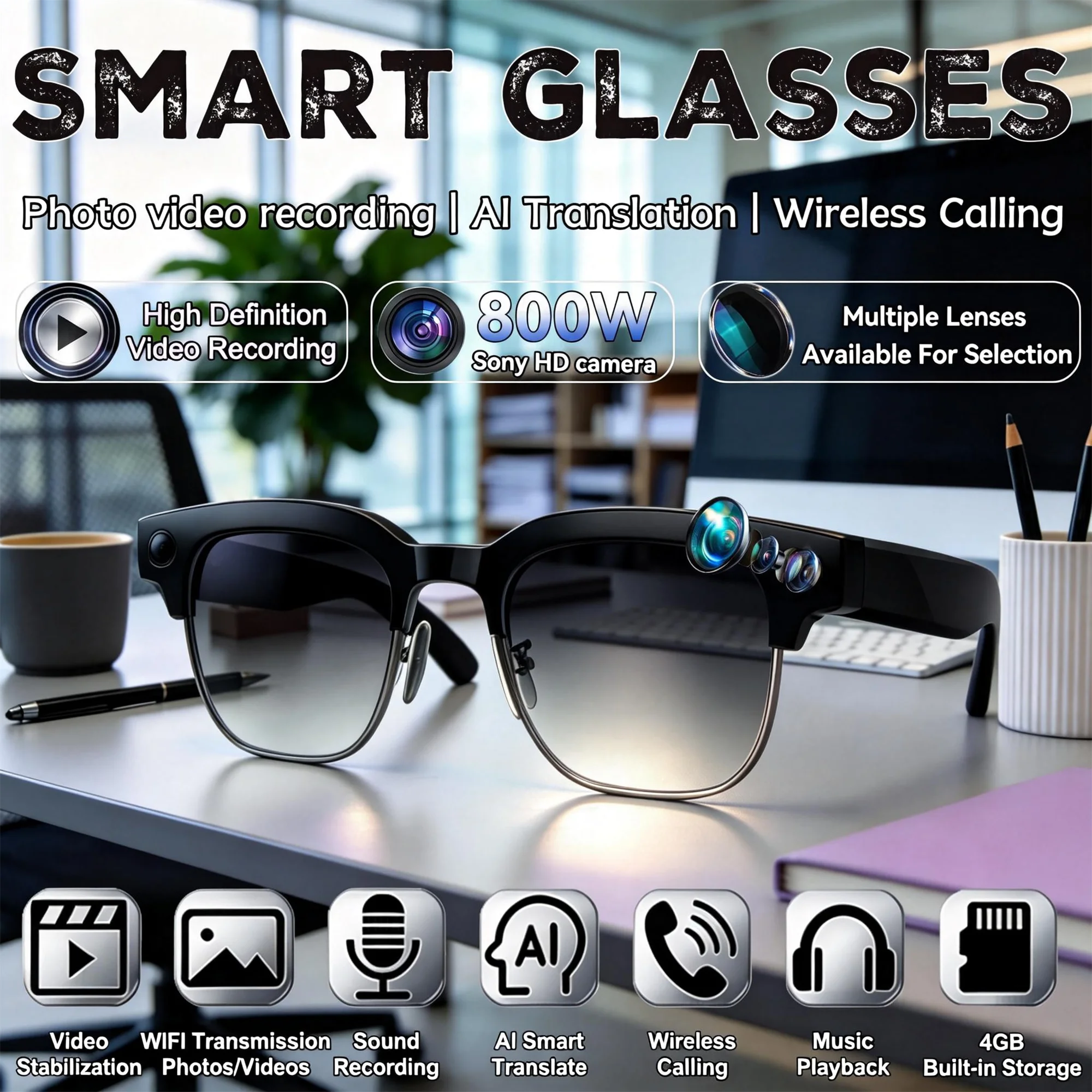 New AI Smart Glasses 800W HD Camera Video Recording AI Translation Wireless Calling WiFi Transmission Smart glasses Men Women
