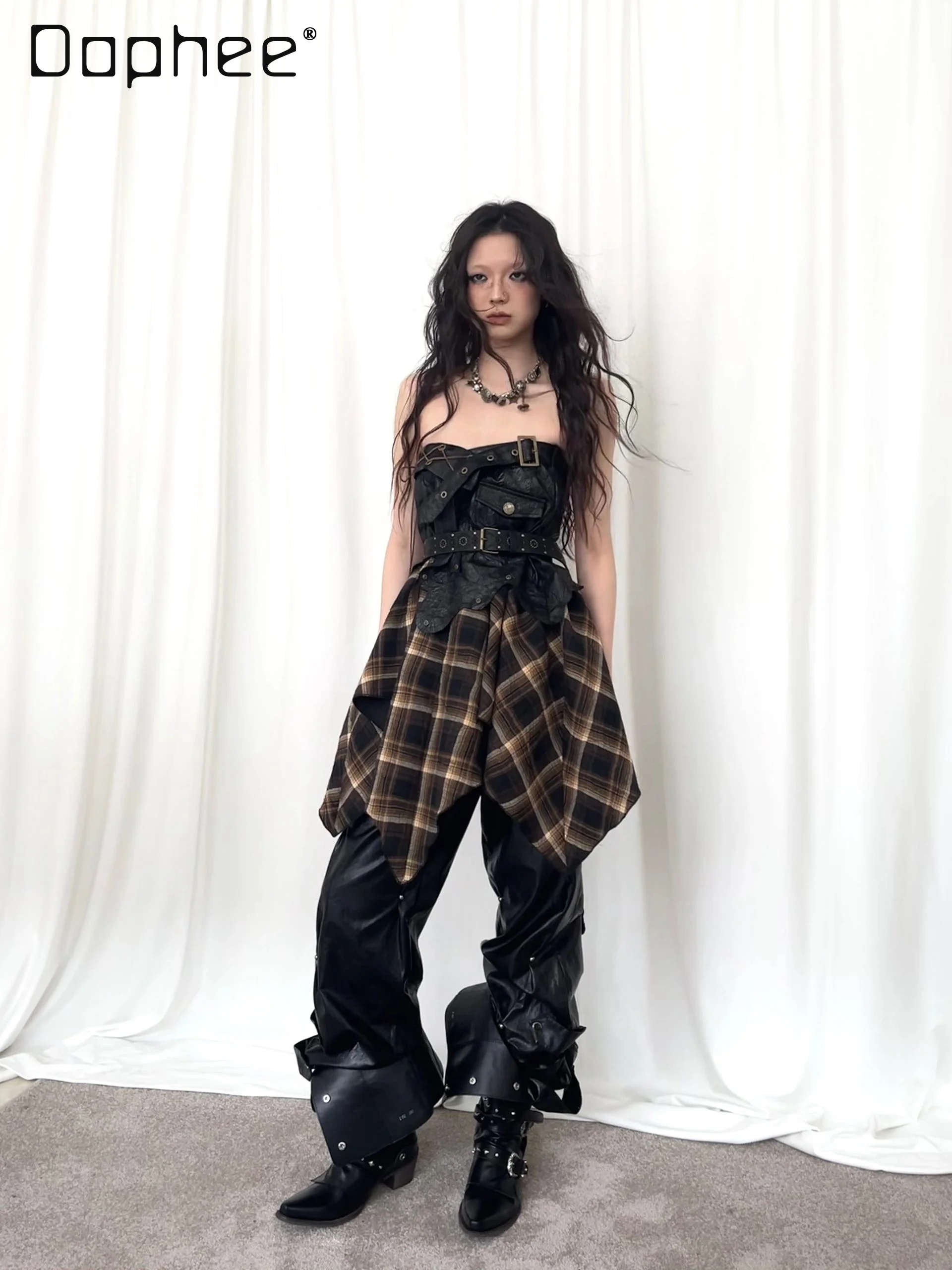 Original Retro Street Punk Style Splicing Skirt Personality Hot Girl Y2K High Waist Skirts Subculture Irregular Skirt Women