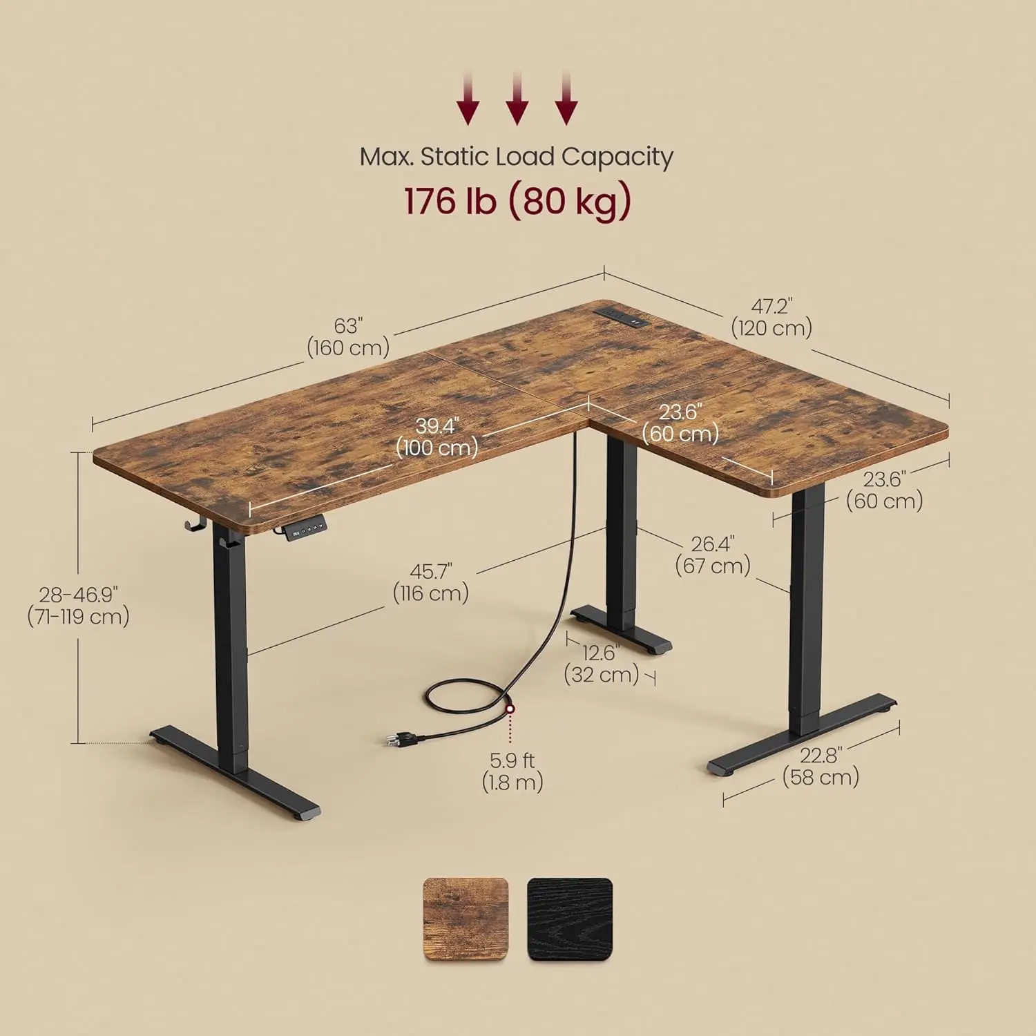 L Shaped Electric Standing Desk, 63x47.2 / 23.6x55.1 Inches, Height Adjustable Corner Desk with Power Outlets, 2 Memory Buttons
