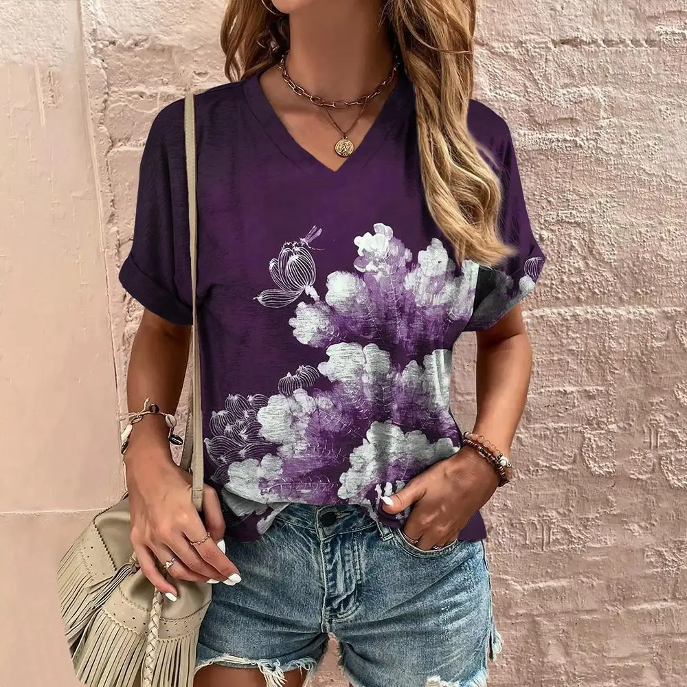 المرأة الصيف تي شيرت برقبة على شكل v زهرة مطبوعة بلايز عادية كم مكعب تي شيرت موضة الشارع البلوز حجم كبير الملابس النسائية