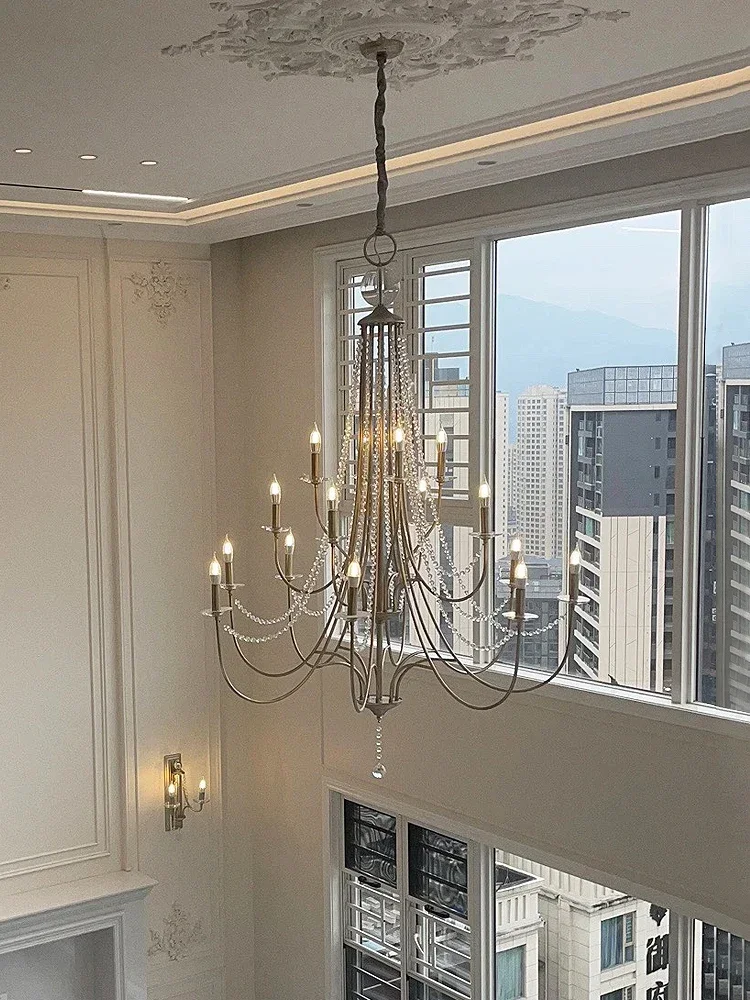 

American duplex stair chandelier villa loft empty living room light dining room lighting creative French crystal chandelier