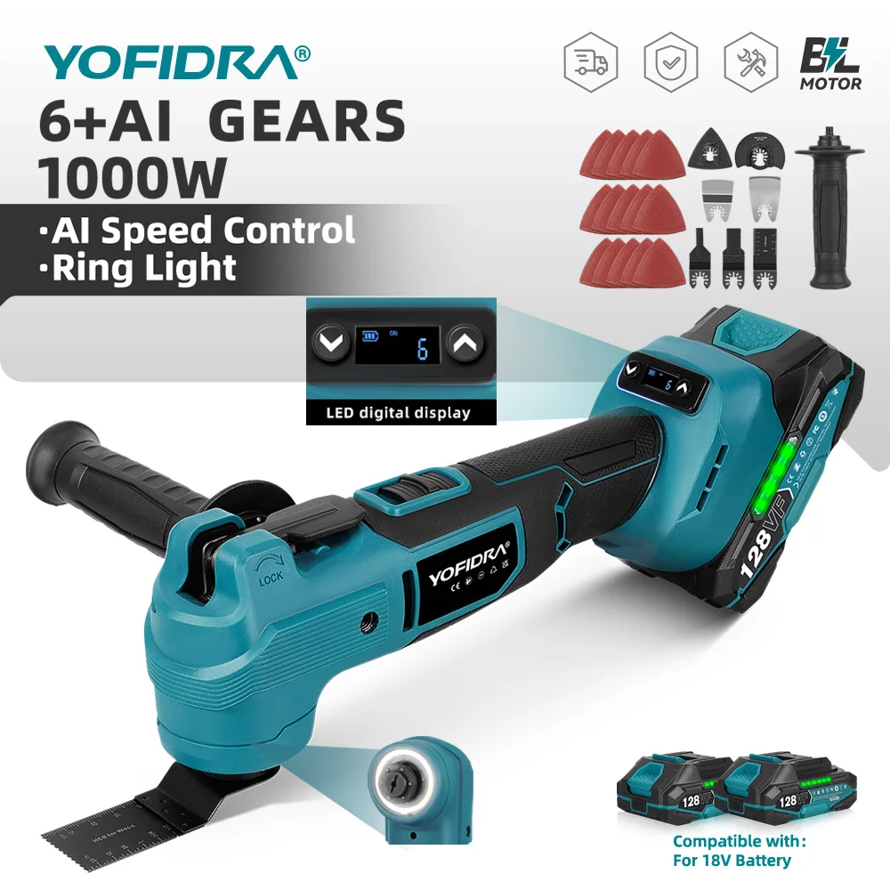 YOFIDRA 6 + Herramienta Eléctrica Oscilante Multifunción Inalámbrica con Motor sin Escobillas de 1000W para Trabajos en Madera, Compatible con Baterías Makita