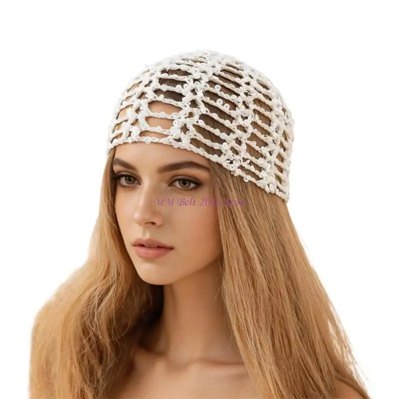 49ME Elegant Hollows Out Knitted Hat Handworks Glitter Breathable Meshes Hat