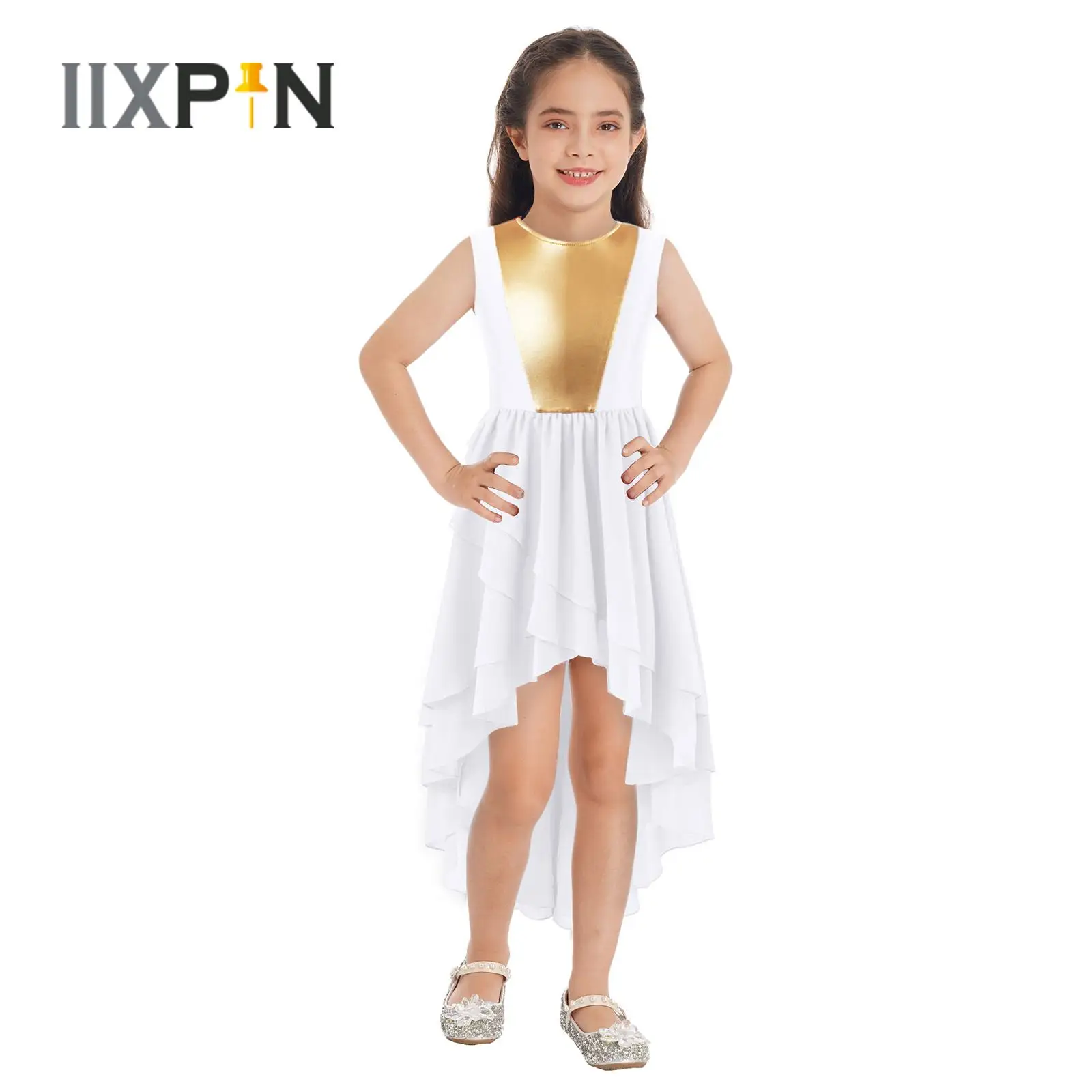 

Kids Girls Church Praise Dancing Dress Modern Lyrical Dancewear Metallic Patchwork Sleeveless Tiered High-Low Hem Dance Costume